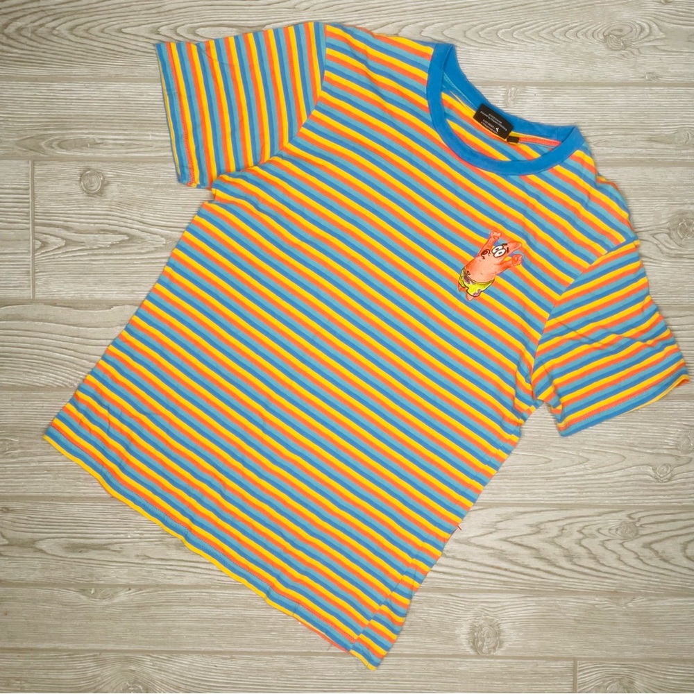 Nickelodeon Patrick Star Short Sleeve Shirt Blue Stripes Embroidered Sz sm